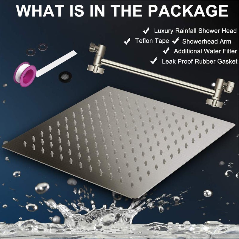 PinWin 12 Inch Square Rain Showerhead with 11 Inch Adjustable Extension Arm,Large Stainless Steel High Pressure Shower Head,Ultra Thin Rainfall Bath Shower with Easy to Clean and Install-Brushed Nickel - Image 2